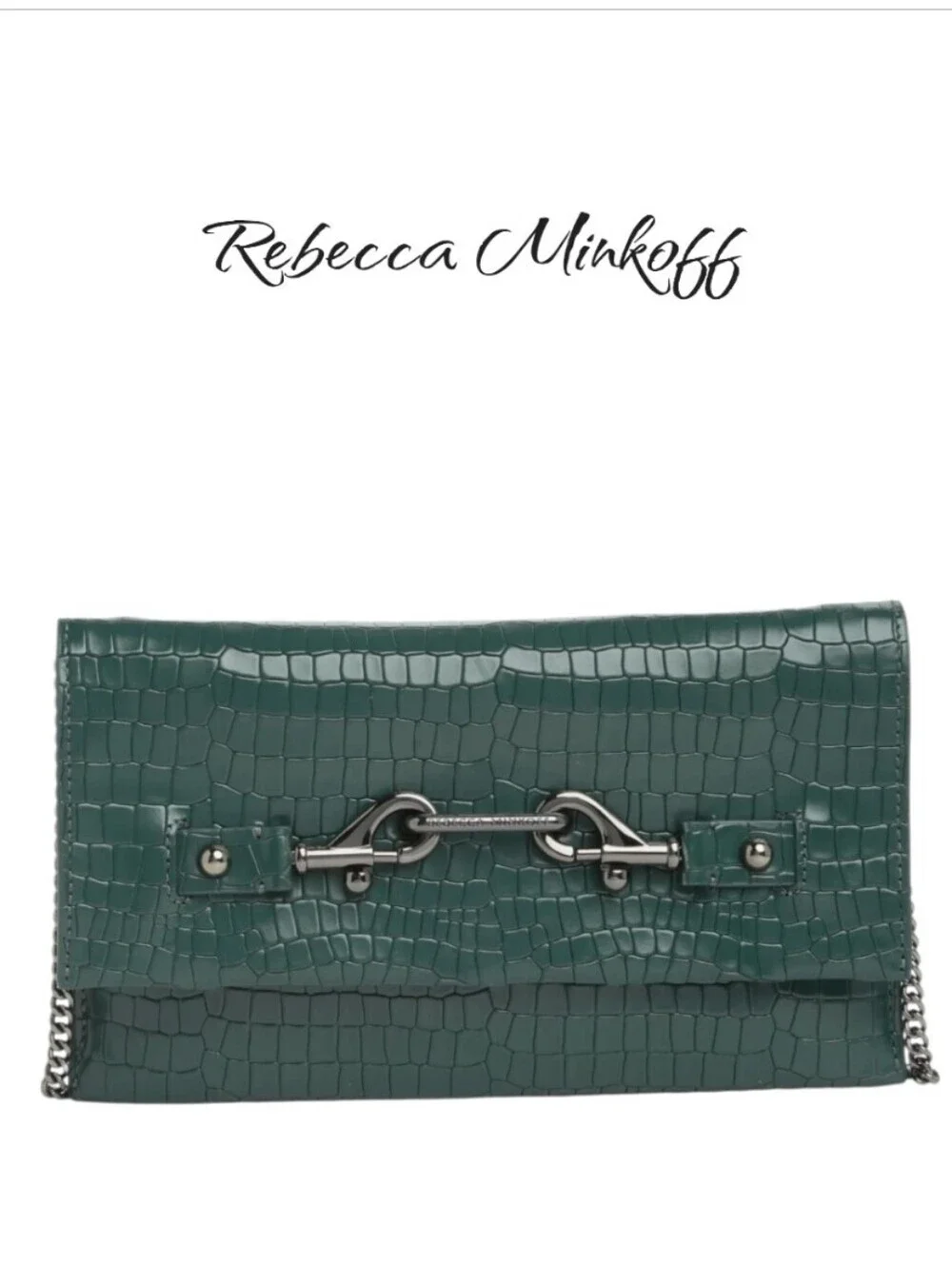 Rebecca Minkoff Lou Croc-Embossed Leather Foldover Clutch Dark Green NWT